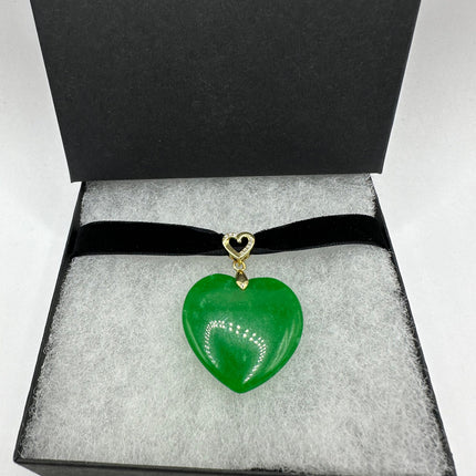 Vintage Green Jade Heart Deco Choker Necklace - Silver Bronze