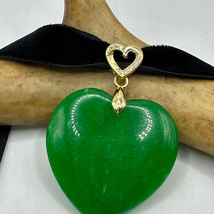 Vintage Green Jade Heart Deco Choker Necklace - Silver Bronze