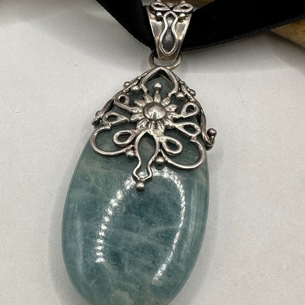 Vintage Green Amazonite 925 Sterling Silver Black Velvet Choker Necklace