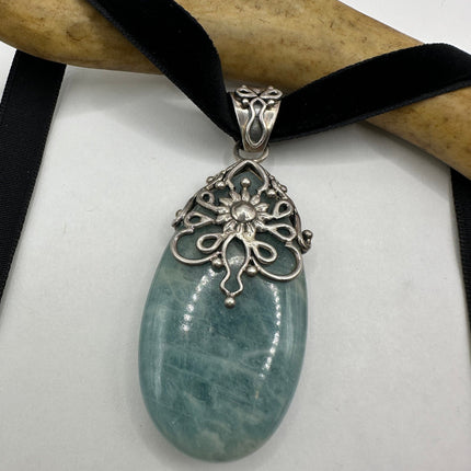Vintage Green Amazonite 925 Sterling Silver Black Velvet Choker Necklace