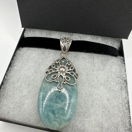Vintage Green Amazonite 925 Sterling Silver Black Velvet Choker Necklace
