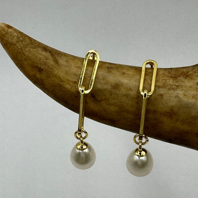 Vintage Gold Earrings | White Pearl Deco Chain Link Style Dangle Drop Earrings | Golden 925 Sterling Silver | Everyday Elegant Wedding