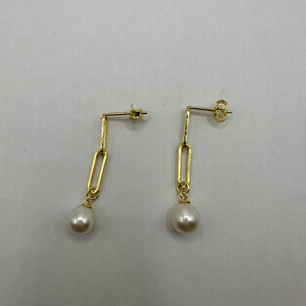 Vintage Gold Earrings | White Pearl Deco Chain Link Style Dangle Drop Earrings | Golden 925 Sterling Silver | Everyday Elegant Wedding