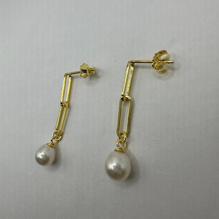 Vintage Gold Earrings | White Pearl Deco Chain Link Style Dangle Drop Earrings | Golden 925 Sterling Silver | Everyday Elegant Wedding