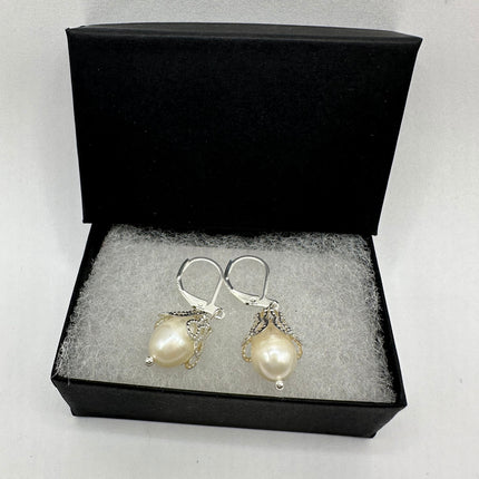 Vintage Silver Earrings | Deco White Pearl 925 Sterling Silver Chain Earrings