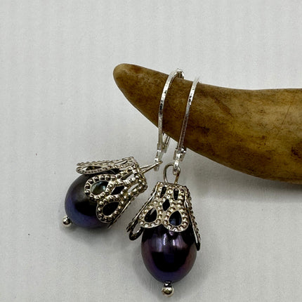 Vintage Silver Earrings | Deco Black Pearl 925 Sterling Silver Chain Earrings
