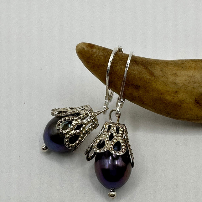 Vintage Silver Earrings | Deco Black Pearl 925 Sterling Silver Chain Earrings