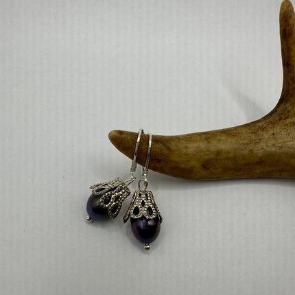Vintage Silver Earrings | Deco Black Pearl 925 Sterling Silver Chain Earrings