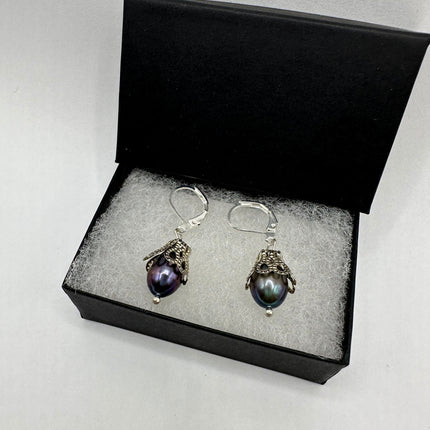 Vintage Silver Earrings | Deco Black Pearl 925 Sterling Silver Chain Earrings