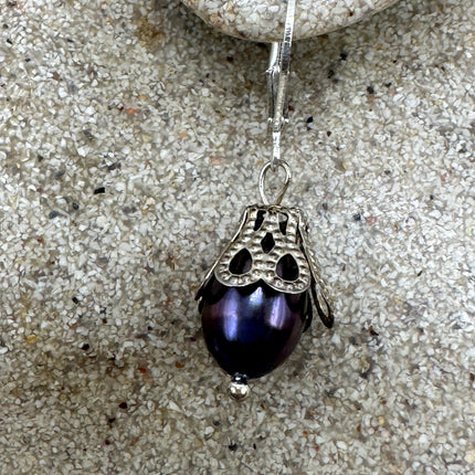 Vintage Silver Earrings | Deco Black Pearl 925 Sterling Silver Chain Earrings