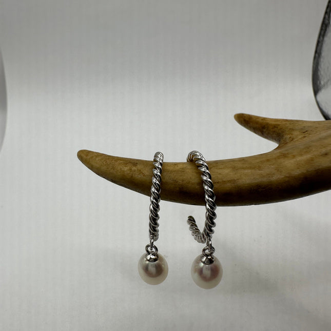 Vintage Silver Earrings | Deco White Pearl 925 Sterling Silver Hoop Earrings