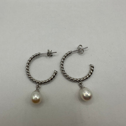 Vintage Silver Earrings | Deco White Pearl 925 Sterling Silver Hoop Earrings
