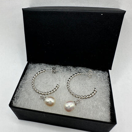 Vintage Silver Earrings | Deco White Pearl 925 Sterling Silver Hoop Earrings