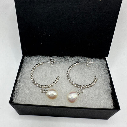 Vintage Silver Earrings | Deco White Pearl 925 Sterling Silver Hoop Earrings