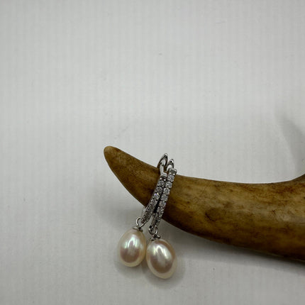 Vintage Silver Earrings | Deco White Pearl 925 Sterling Silver Hoop Earrings