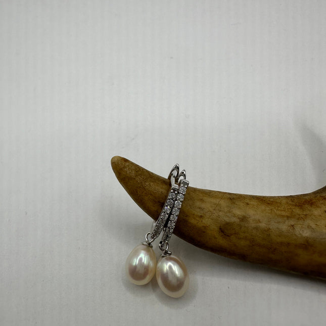 Vintage Silver Earrings | Deco White Pearl 925 Sterling Silver Hoop Earrings