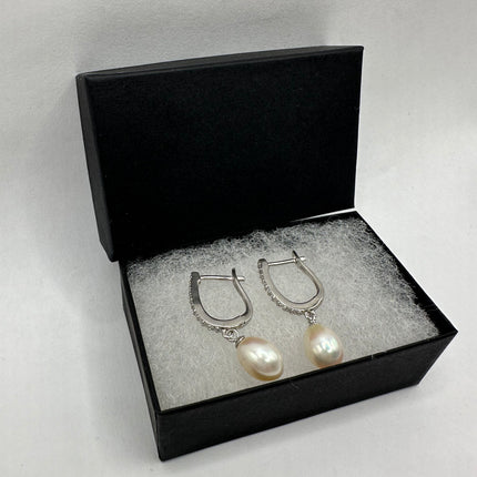 Vintage Silver Earrings | Deco White Pearl 925 Sterling Silver Hoop Earrings