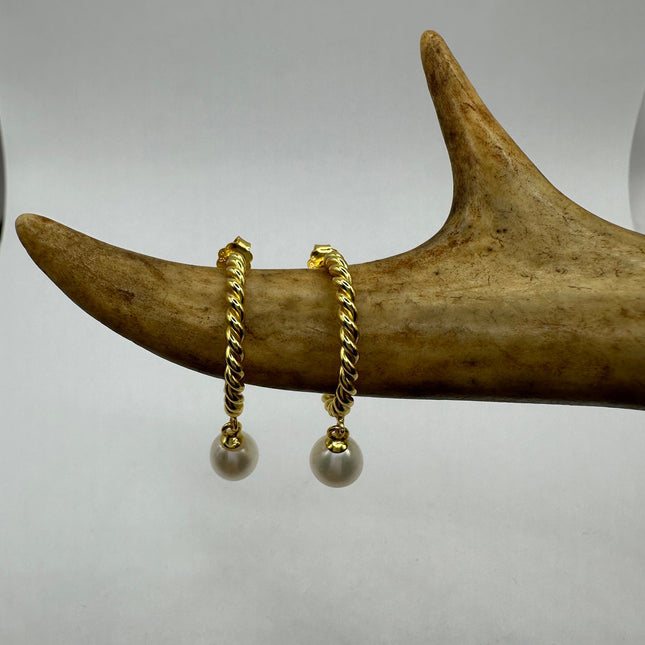Vintage Gold Earrings | Tiny White Pearl Deco Twisted Hoop Loop | Golden 925 Sterling Silver Minimalist Elegant Everyday Earrings