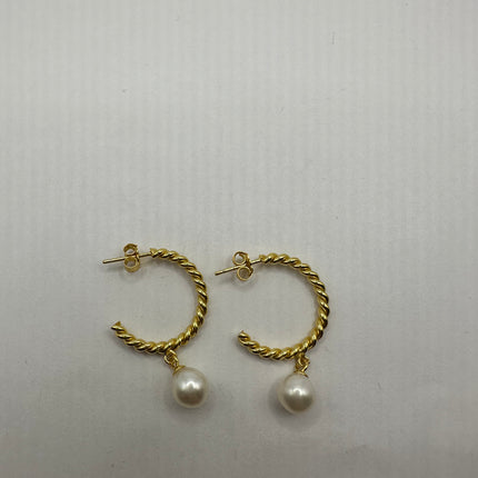 Vintage Gold Earrings | Tiny White Pearl Deco Twisted Hoop Loop | Golden 925 Sterling Silver Minimalist Elegant Everyday Earrings