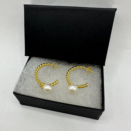 Vintage Gold Earrings | Tiny White Pearl Deco Twisted Hoop Loop | Golden 925 Sterling Silver Minimalist Elegant Everyday Earrings