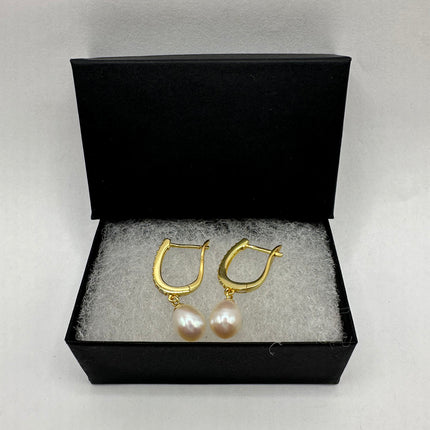 Vintage Gold Earrings | Tiny White Pearl Gemstone Deco Dangle Hoop Loop Earrings | Golden 925 Sterling Silver Elegant Everyday Jewelry