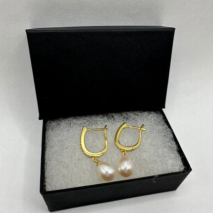 Vintage Gold Earrings | Tiny White Pearl Gemstone Deco Dangle Hoop Loop Earrings | Golden 925 Sterling Silver Elegant Everyday Jewelry