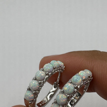Vintage Silver Earrings | Tiny White Fire Opal Gemstone Bead Hoop Loop Huggie Earrings | 925 Sterling Silver Small Minimalist Everyday