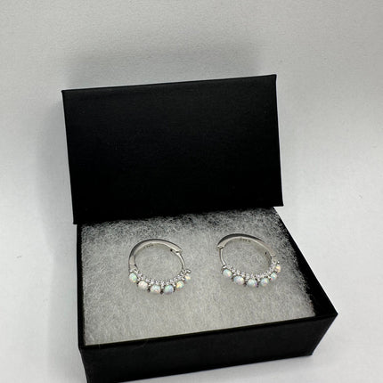 Vintage Silver Earrings | Tiny White Fire Opal Gemstone Bead Hoop Loop Huggie Earrings | 925 Sterling Silver Small Minimalist Everyday