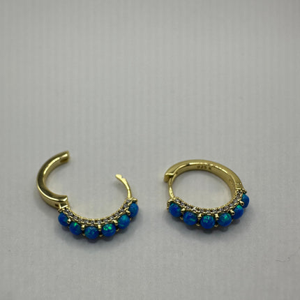 Vintage Gold Earrings | Tiny Blue Fire Opal Hoop Huggie Cuff | Golden 925 Sterling Silver Earrings | Something Blue Wedding Everyday Jewelry