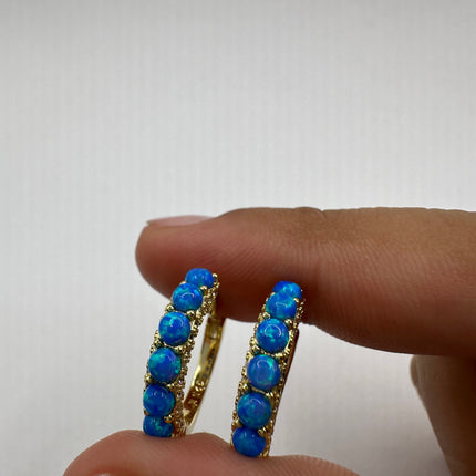 Vintage Gold Earrings | Tiny Blue Fire Opal Hoop Huggie Cuff | Golden 925 Sterling Silver Earrings | Something Blue Wedding Everyday Jewelry