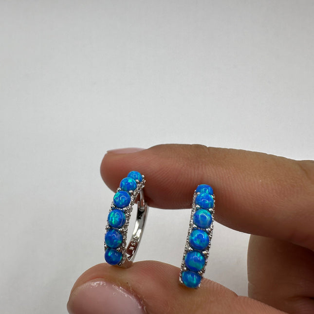 Blue Fire Opal Earrings - Vintage Sterling Silver Hoops-Earrings-TomWayne Jewelers