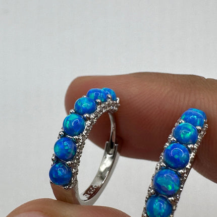 Vintage Silver Earrings | Tiny Blue Fire Opal Hoop Huggie Cuff | 925 Sterling Silver Earrings | Something Blue Wedding Everyday Jewelry