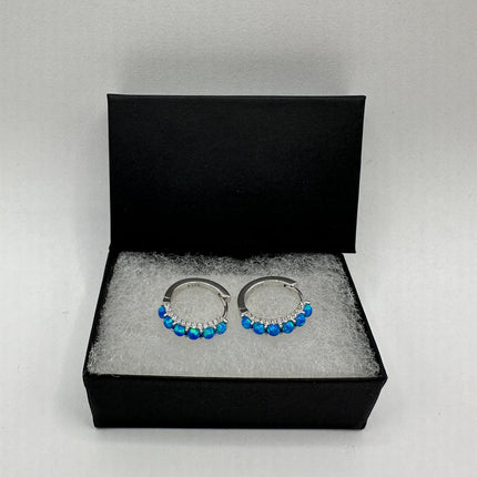 Vintage Silver Earrings | Tiny Blue Fire Opal Hoop Huggie Cuff | 925 Sterling Silver Earrings | Something Blue Wedding Everyday Jewelry