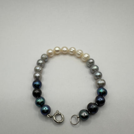 Vintage Beaded Bracelet | White Black Pearl Gemstones Hand Knotted Bracelet | 925 Sterling Silver Clasp