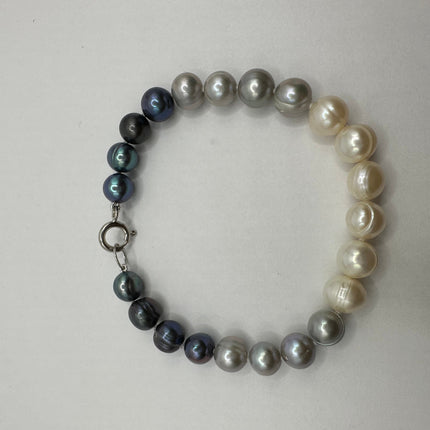 Vintage Beaded Bracelet | White Black Pearl Gemstones Hand Knotted Bracelet | 925 Sterling Silver Clasp