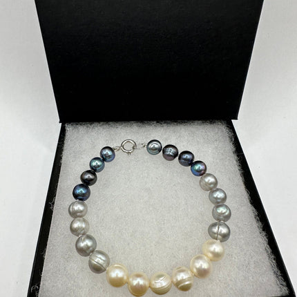 Vintage Beaded Bracelet | White Black Pearl Gemstones Hand Knotted Bracelet | 925 Sterling Silver Clasp