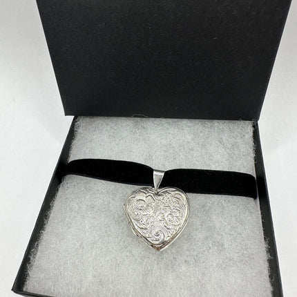 Vintage Silver Locket | Small Etched Heart Photo Charm | 925 Sterling Silver Pendant | Holds Small Photo | Tiny Memory Choker Necklace