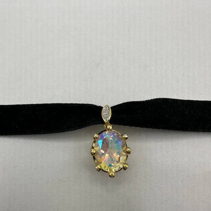 Vintage Golden Velvet Choker Necklace 925 Sterling Silver White Mystic Topaz