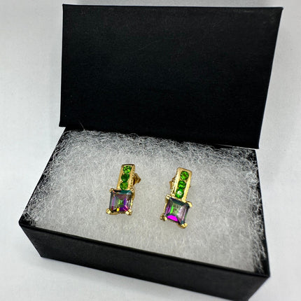 Vintage Silver Earrings | 925 Sterling Silver Blue Mystic Topaz Chrome Diopside