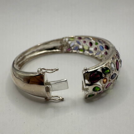 Vintage Silver Cuff | Mixed Citrine Amethyst Blue Topaz Peridot Garnet Gemstone Bangle Cuff Bracelet | Rhodium Finished 925 Sterling Silver
