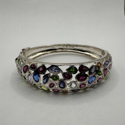 Vintage Silver Cuff | Mixed Citrine Amethyst Blue Topaz Peridot Garnet Gemstone Bangle Cuff Bracelet | Rhodium Finished 925 Sterling Silver