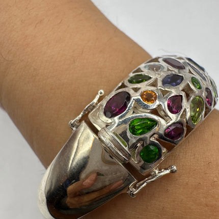 Vintage Silver Cuff | Mixed Citrine Amethyst Blue Topaz Peridot Garnet Gemstone Bangle Cuff Bracelet | Rhodium Finished 925 Sterling Silver