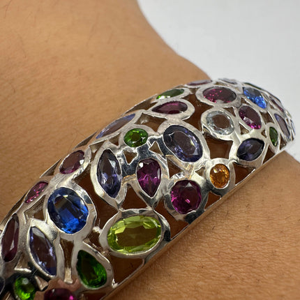 Vintage Silver Cuff | Mixed Citrine Amethyst Blue Topaz Peridot Garnet Gemstone Bangle Cuff Bracelet | Rhodium Finished 925 Sterling Silver
