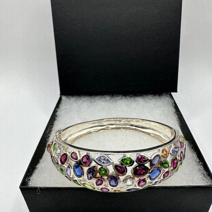 Vintage Silver Cuff | Mixed Citrine Amethyst Blue Topaz Peridot Garnet Gemstone Bangle Cuff Bracelet | Rhodium Finished 925 Sterling Silver