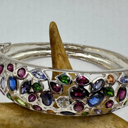 Vintage Silver Cuff | Mixed Citrine Amethyst Blue Topaz Peridot Garnet Gemstone Bangle Cuff Bracelet | Rhodium Finished 925 Sterling Silver
