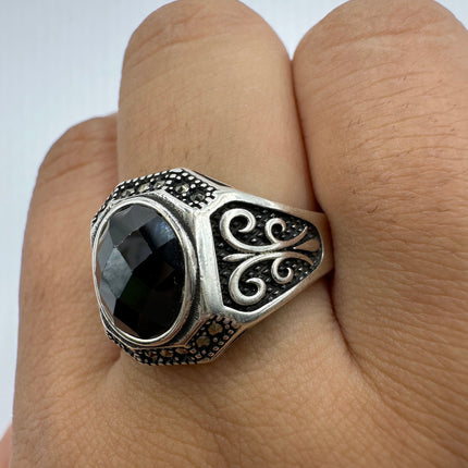 Vintage Hematite Crystal Men's Ring Band 925 Sterling Silver