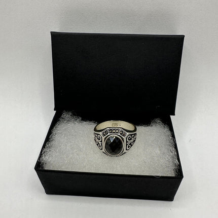 Vintage Hematite Crystal Men's Ring Band 925 Sterling Silver