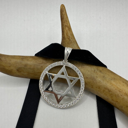 Vintage Silver Star of David Pendant Choker Necklace | 925 Sterling Silver Jewish Star Velvet Ribbon Statement Charm Choker Necklace