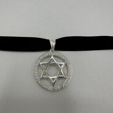 Vintage Silver Star of David Pendant Choker Necklace | 925 Sterling Silver Jewish Star Velvet Ribbon Statement Charm Choker Necklace