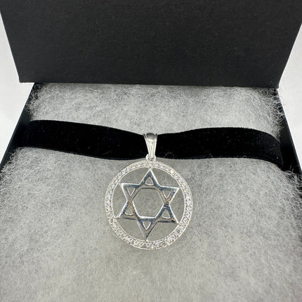 Vintage Silver Star of David Pendant Choker Necklace | 925 Sterling Silver Jewish Star Velvet Ribbon Statement Charm Choker Necklace